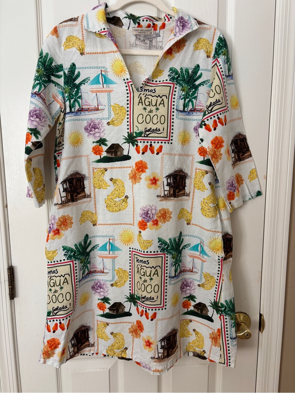 Terzo Millennio Coconut Print Shirt Dress 100% Linen w/Pockets ~ Women’s Medium